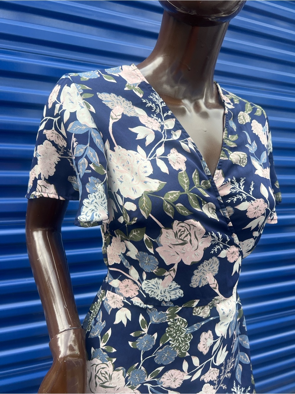 Time and Tru Navy Floral Wrap Dress with Pink and Green Accents